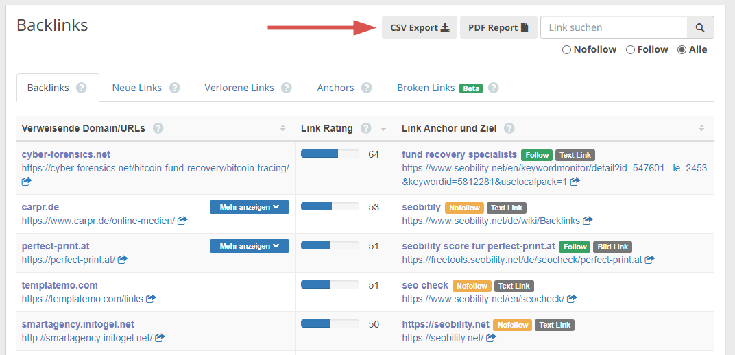 backlinks csv export