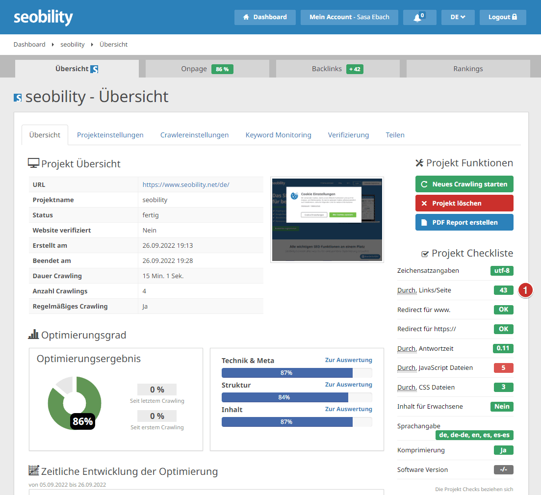 Seobility dashboard